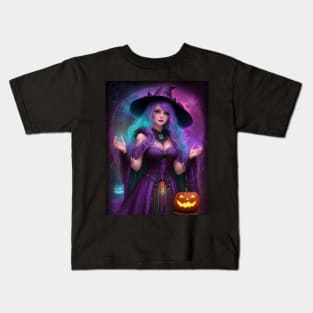 Halloween Spooky Neon Black Magic Witch Kids T-Shirt